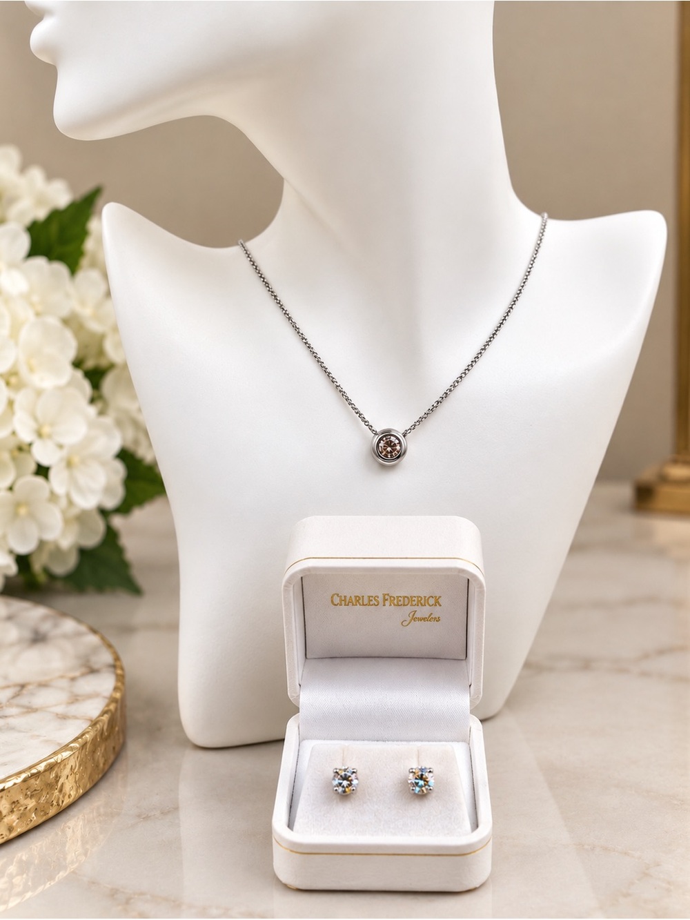 14K White Gold Diamond Necklace & Stud Earrings Jewelry Set 10.70g